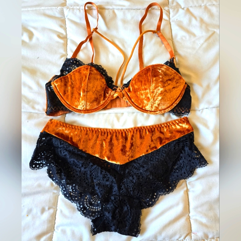 Orange velvet black lace Bra & Panty Set Oh La La Cheri